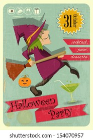 Retro Halloween Party Invitation with Witch in Vintage Style. Cartoon Halloween character. Vector Illustration.