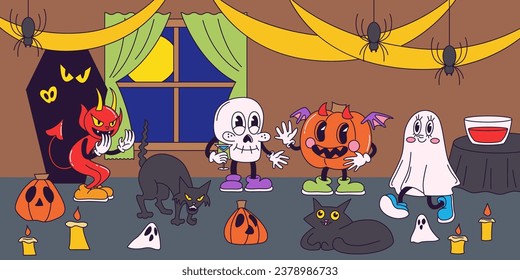 Fiesta retro de Halloween de estilo retro de los años 70. Calabaza, fantasma, calavera. Diseño de mascotas de Halloween vintage al estilo de historietas de dibujos animados. Ilustración vectorial de contorno.