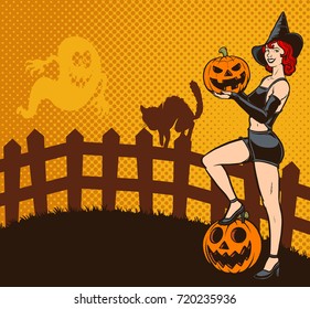 Retro Halloween pin up witch vector illustration. Some elements on separate layers. 