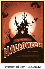 Retro-Hhalloween-Poster oder Einladung mit gespenstischer Burg und Fledermäuse