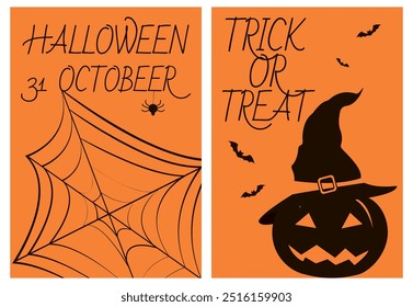 Retro Halloween poster. Simple Halloween posters. Template. Web and spider. Witch hat and pumpkin. Scary face on pumpkin. Scary holiday.