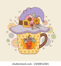 Retro Halloween poster with witch hat on tea mug. Witchcraft magic concept. Coffee cup with pumpkin, cone cap with buckle, flowers. Vector hand drawn illustration, boho hippie style. Retro Halloween