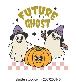 Retro Halloween cita a Future Ghost. Gafas ricas, calabaza. Diseño vectorial hippie sobre fondo aislado. Estilo de caricatura. Para imprimir y web.