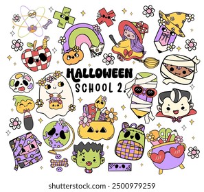 Colección de suministros escolares de Halloween retro Lindo regreso a la escuela Espeluznante conjunto de personajes de dibujos animados Doodle