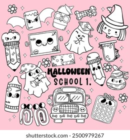 Suministros escolares de Halloween retro para colorear Imágenes colección Lindo Regreso a la Escuela Dibujos animados Doodle Personajes con Groovy Autobús Escolar