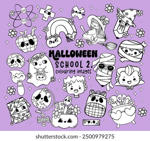 Suministros escolares de Halloween retro para colorear Colección de Imagen Lindo Regreso a la escuela Espeluznante dibujos animados Doodle personajes conjunto