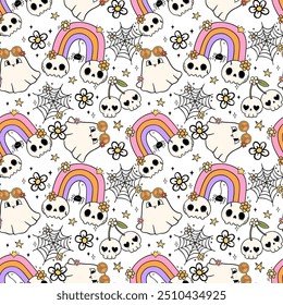 Retro Halloween Seamless groovy ghost Pattern Lined Doodle isolated Background Funky Design