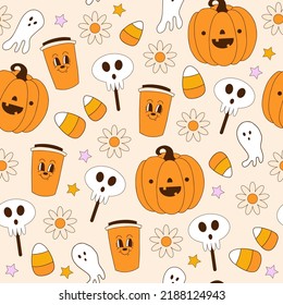 Retro Halloween seamless pattern in 70s style. Perfect for kids wallpaper, gift paper, pattern fills, web page background, greeting cards.