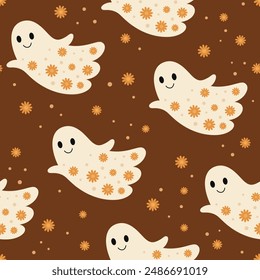 Retro Halloween seamless pattern in cartoon flat style. Halloween pattern. Ghost digital paper. Kids Halloween pattern. Hand drawn vector pattern