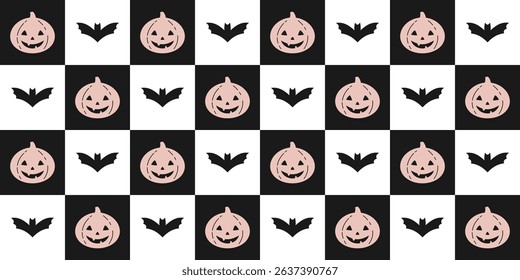 Retro Halloween seamless pattern. Cute pumpkin and bat pattern. Checkered Halloween hand drawn vector pattern in flat style