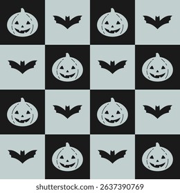 Retro Halloween seamless pattern. Cute pumpkin and bat pattern. Checkered Halloween hand drawn vector pattern in flat style