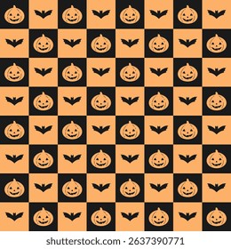 Retro Halloween seamless pattern. Cute pumpkin and bat pattern. Checkered Halloween hand drawn vector pattern in flat style