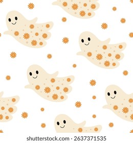 Retro Halloween seamless pattern. Groovy ghost pattern. Adorable Halloween hand drawn vector pattern in flat style