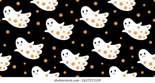 Retro Halloween seamless pattern. Groovy ghost pattern. Adorable Halloween hand drawn vector pattern in flat style