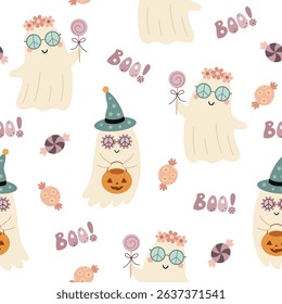 Retro Halloween seamless pattern. Groovy ghost pattern. Adorable Halloween hand drawn vector pattern in flat style