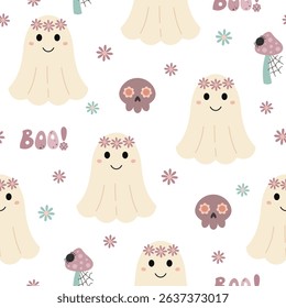 Retro Halloween seamless pattern with groovy ghost, skull, mushroom, flowers. Adorable Halloween hand drawn vector pattern in flat style