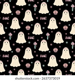 Retro Halloween seamless pattern with groovy ghost, skull, mushroom, flowers. Adorable Halloween hand drawn vector pattern in flat style