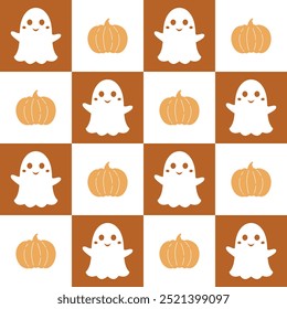 Retro Halloween seamless pattern with pumpkin and ghost. Spooky Halloween hand drawn vector design in flat style