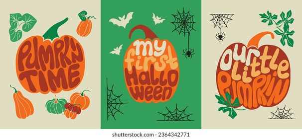 Retro halloween seasonal typographic posters set. Flat hand drawn holiday slogans in shapes of pumpkins. Trendy print design for posters, cards, tshirt, social media graphics