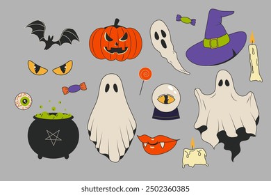 Conjunto de Halloween retro. fantasma, calabaza, murciélago, vampiro, bruja. Vector