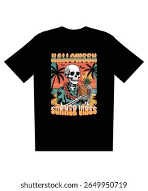 Retro Halloween Skeleton T-Shirt Design Summer Vibes, Tropical Beach Sunset,  Vintage Style Illustration.