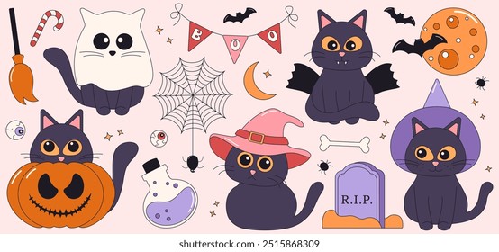 Retro Halloween sticker set with cats in spooky costumes and hats. 