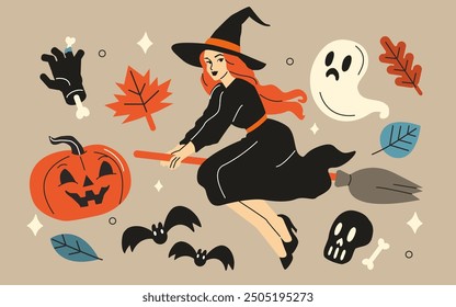 Retro Halloween stickers set. Cartoon comic groovy characters collection. Witch, ghost, pumpkin and other creepy holiday elements. Vector illustration.