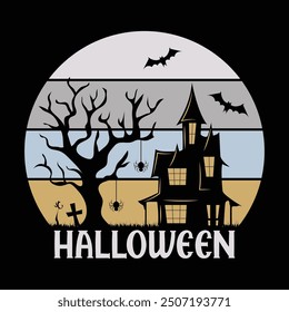 Retro Halloween T shirt Design Haunted House Bat Spooky Season