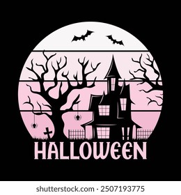 Retro Halloween T shirt Design Haunted House Bat Spooky Season