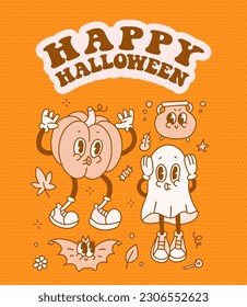 Retro Halloween trendy 70s retro style comic ghost and pumpkin characters greeting card template. Vintage Halloween mascot design in cartoon comic style. Contour vector illustration.