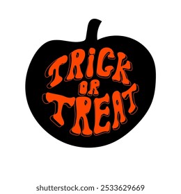 Tipografía retro de "truco o trato" de Halloween en silueta de calabaza negra en fuente de estilo Antiguas naranja, perfecta para invitaciones de fiesta de Halloween y decoraciones festivas