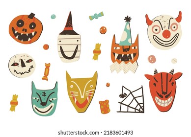 Retro Halloween vector clipart set. Hand-drawn Spooky pumpkin character, mummy, zombie and odd cats, scary clown, undead creatures, evil spirits or devil with horns, spider and his web, and sweets.