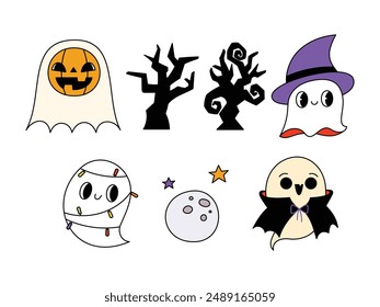 Retro Halloween Vector Illustration with Editable Stroke Groovy Cute Ghost Pumpkin Witch Doodle