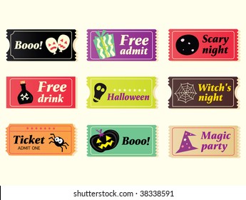 Retro halloween vector tickets. Going to Halloween party? Booo! Use my tickets! In 9 different variants. Vector Illustration.