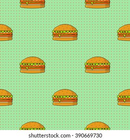Retro Hamburger seamless pattern background. Burger fastfood. Vector illustration