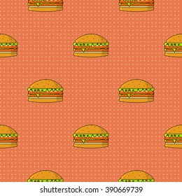 Retro Hamburger seamless pattern background. Burger fastfood. Vector illustration