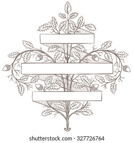 Retro hand draw decorative oak branch with ribbon. Vintage vector design