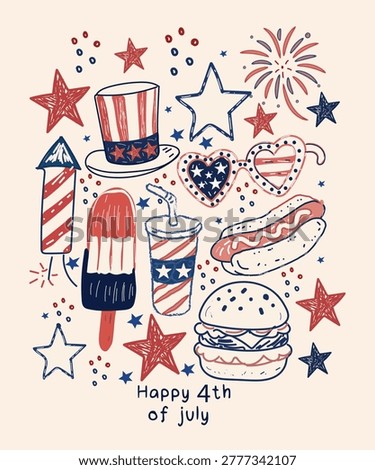 Retro Hand Draw Happy 4th of July Graphic Clipart Set