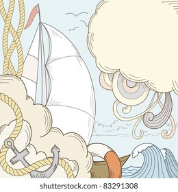 Retro dibujar a mano estilo mar y tema marinero con nubes y barco marinero. Ilustración vectorial.