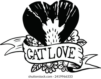 retro hand drawing of heart and ribbon of cat paws scratching for badge for cat lover