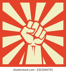 Retro hand drawing. Raised fists symbolize people fighting for freedom. Vector illustration.