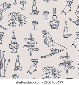 Retro hand drawn apres ski seamless pattern