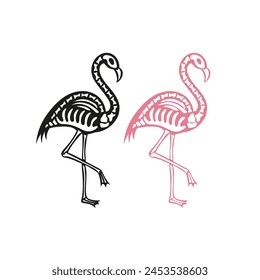 Retro hand drawn black and pink flamingo skeleton vector illustration set isolated on white. Line art drawing style October 31st party trick or treat event Halloween on the beach by seaside concept