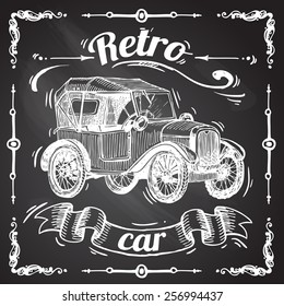 Retro hand drawn car on the chalkboard