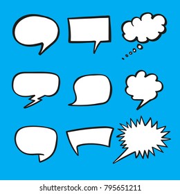 Retro hand drawn comics speech bubbles set on blue background. Empty white space, vintage design, pop art vector illustration 