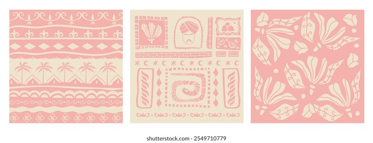 Retro hand drawn culturistic tropical summer shape set. Pink Jungle nature illustration collection. Vintage exotic clip art palm tree, flower, abstract pattern. Geometric mosaic style element bundle