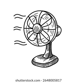 Retro hand drawn electric fan sketch blowing cool air, illustrated in vintage engraving style. Ideal for summer, heat relief, ventilation, or home appliance themed designs.