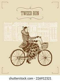 Retro hand drawn elegant lady  in tweed costume on a bicycle with basket.Illustration introducing tweed ride poster.