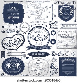 Retro hand drawn elements for wedding invitations, greetings, guest information. Vector illustration.