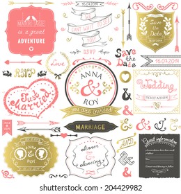 Retro hand drawn elements for wedding invitations, greetings, guest information in delicate colors. Vector illustration.